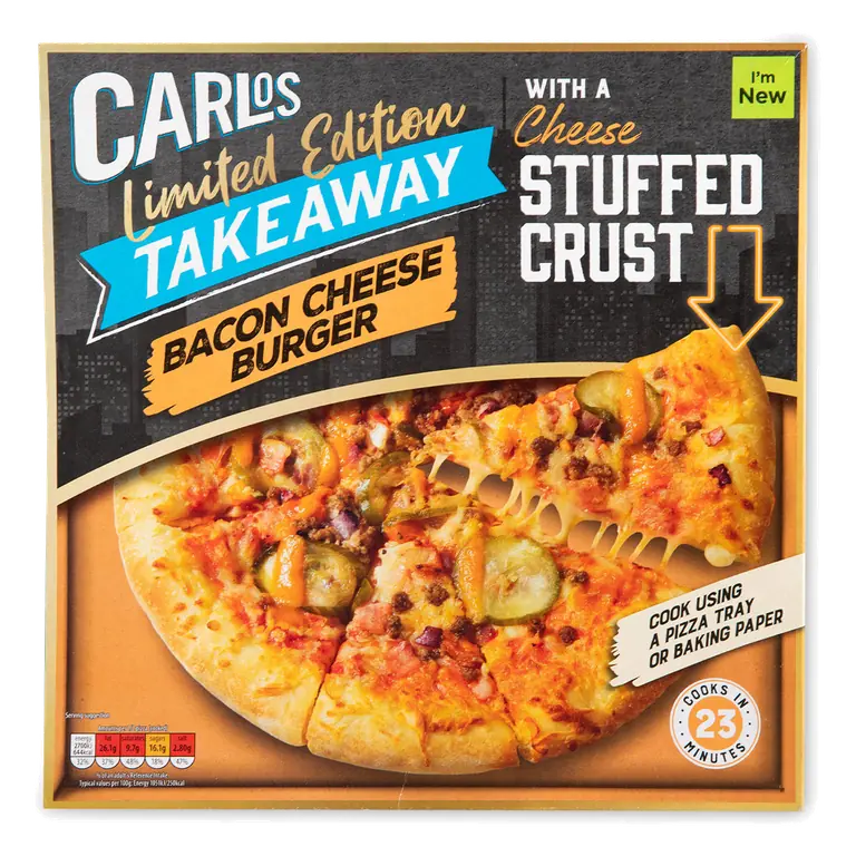 Limited Edition Takeaway Bacon Cheese Burger Pizza with a Cheese Stuffed Crust