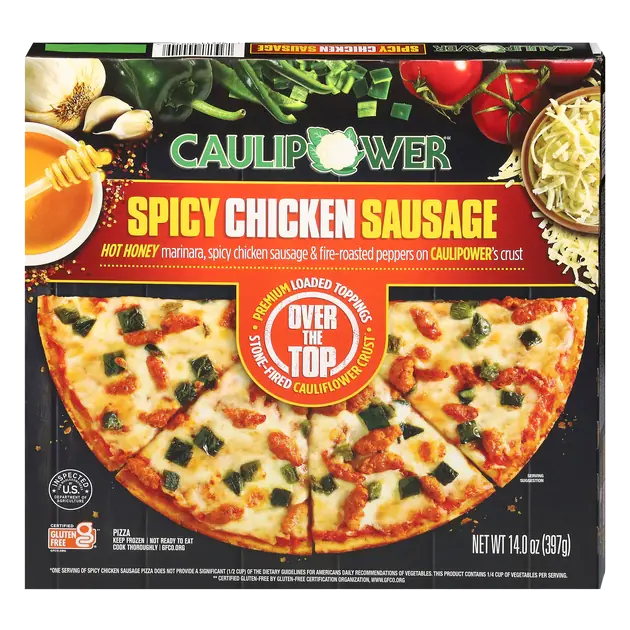 Spicy Chicken Sausage Hot Honey Marinara, Spicy Chicken Sausage & Fire-Roasted Peppers On Caulipower's Crust Pizza