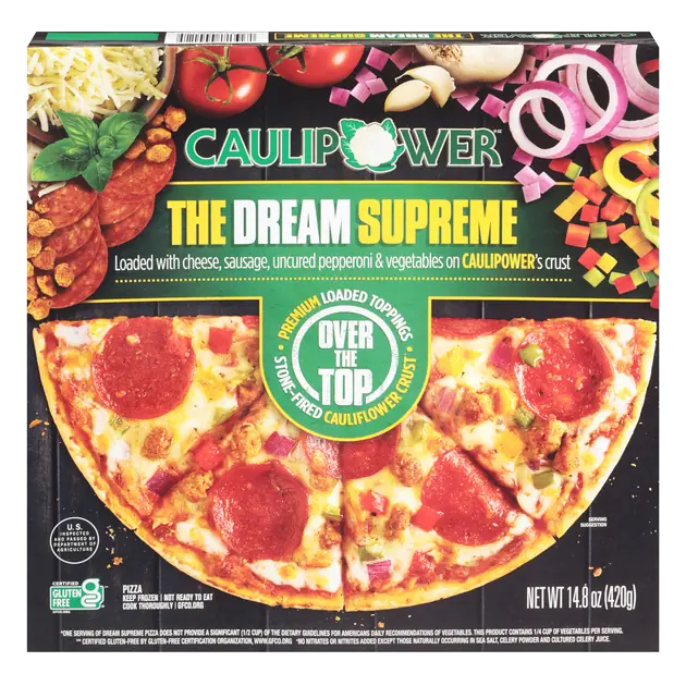 the Dream Supreme Loaded with Cheese, Sausage, Uncured Pepperoni & Vegetables On Caulipower's Crust Pizza