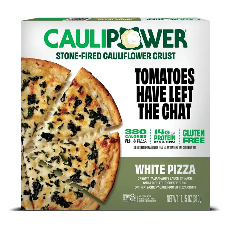 White a Blend of Melty Mozzarella, Parmesan, Romano & Asiago Cheeses, Spinach & An Italian-Style White Sauce with Garlic On Our Stone-Fired Cauliflower Crust Pizza