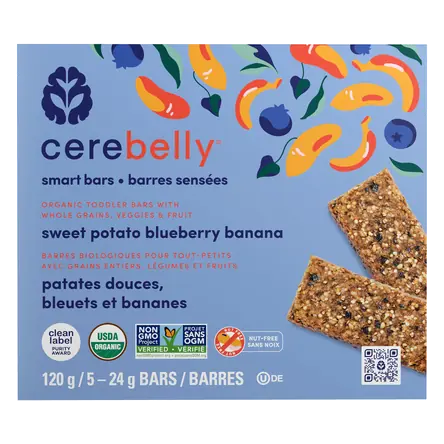 Cerebelly Canada Nut-Free Toddler Bar Sweet Potato Blueberry Banana 5 x 24 g