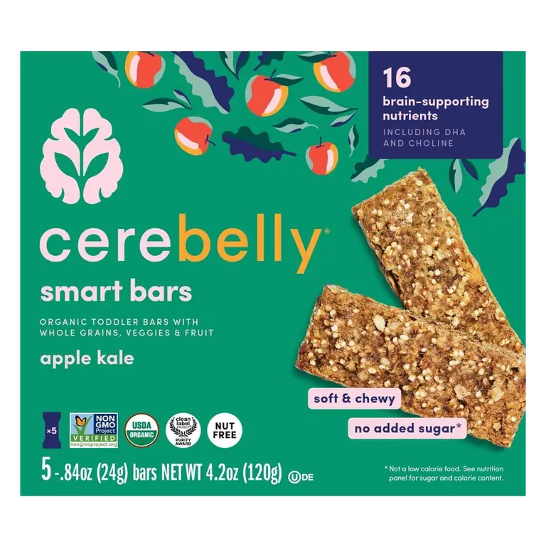 Cerebelly Organic Apple Kale Smart Snack Bars, 4.2oz/5pk: Toddler Nutrient-Rich Non-GMO Certified Snacks