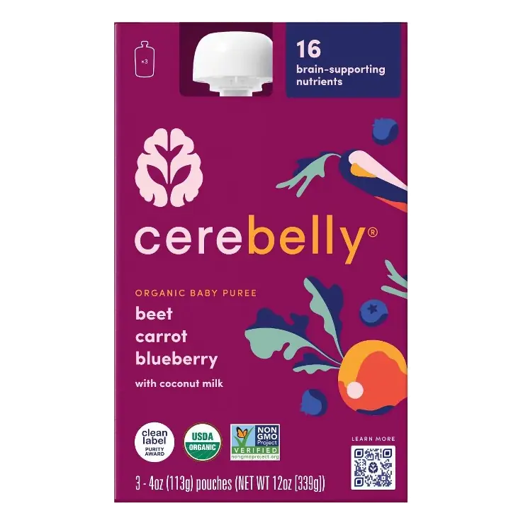 Cerebelly Organic Beet Carrot Blueberry Baby Food 4oz, 3pk: 5 Months and Up, Pouch, Pureed, Ready to Eat