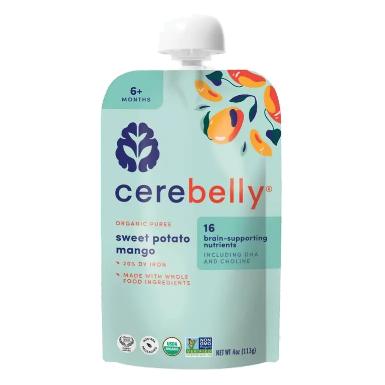 Cerebelly Organic Sweet Potato and Mango Baby Food Pouch, 4oz: 5 Months and Up, 2nd Stage, Pureed, Ready to Eat