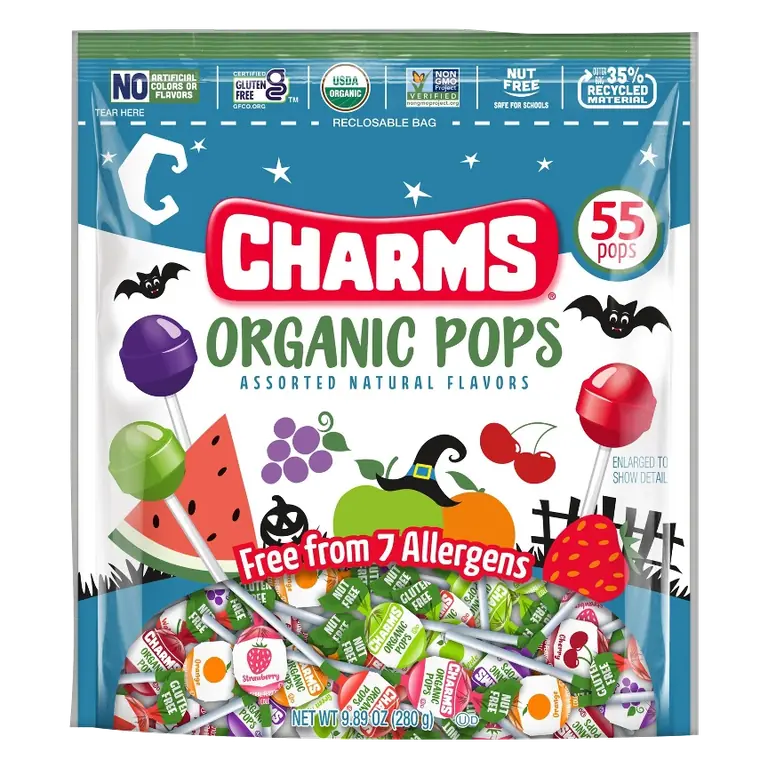 Charms Organic Halloween Chewy Gummy Pops Candy Bag, 9.89oz/55ct