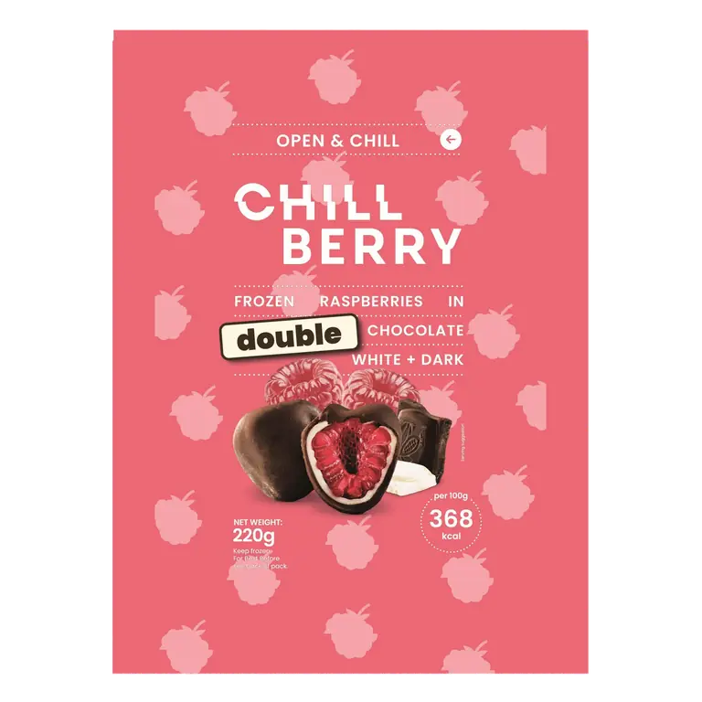 Chill Berry Frozen Raspberries in Double Chocolate White + Dark 220g