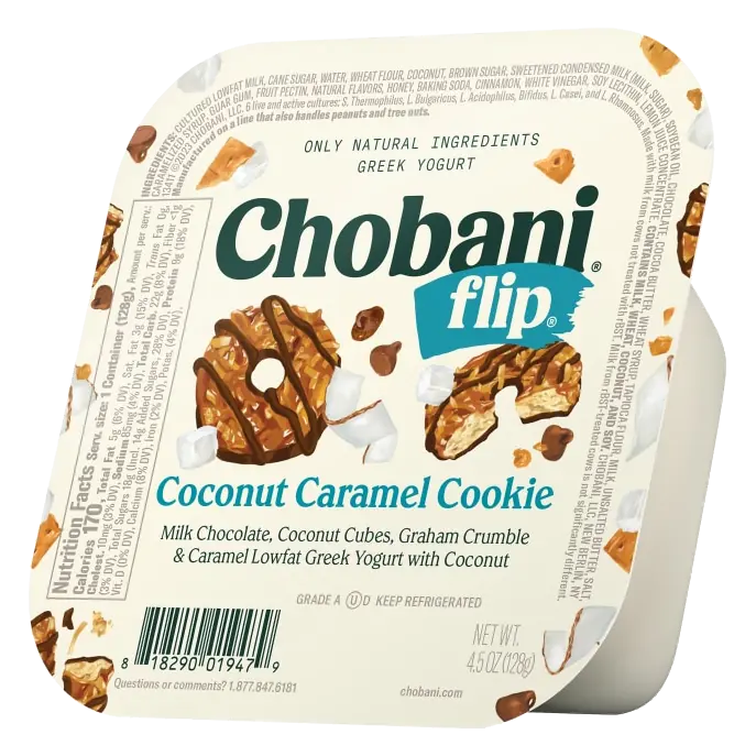 Coconut Caramel Cookie Milk Chocolate, Coconut Cubes, Graham Crumble & Caramel Low-Fat Greek Yogurt with Coconut