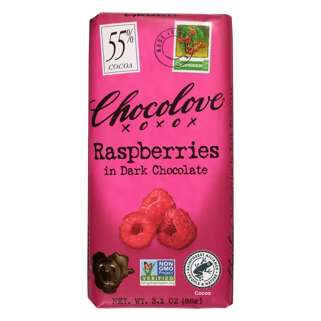 Gluten Free Raspberries Dark Chocolate Candy Bar 55% Cocoa