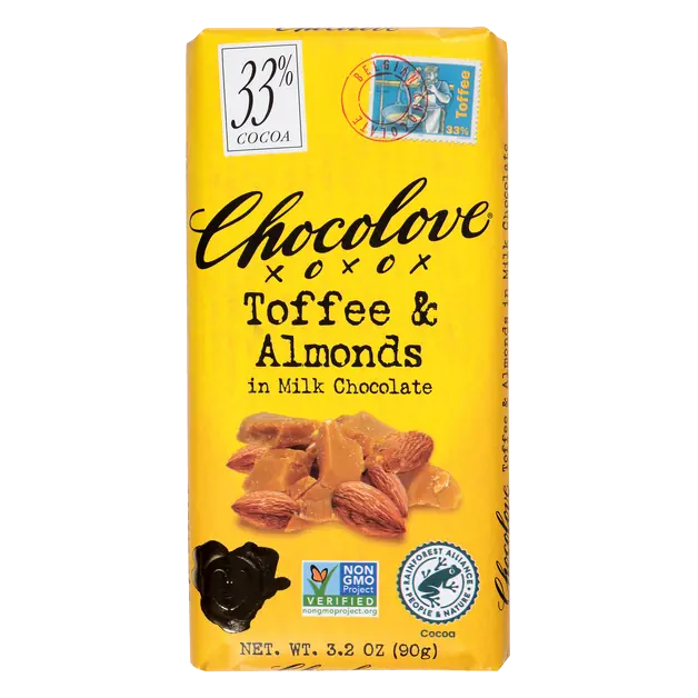 Gluten Free Toffee & Almonds Milk Chocolate Candy Bar 33% Cocoa