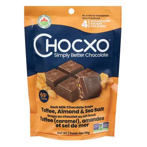 Organic Dark Milk Chocolate Toffee Almond & Sea Salt Snaps 98 g