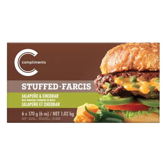 Frozen Beef Burgers Jalapeno Cheddar Stuffed 6 Patties 1.02 kg