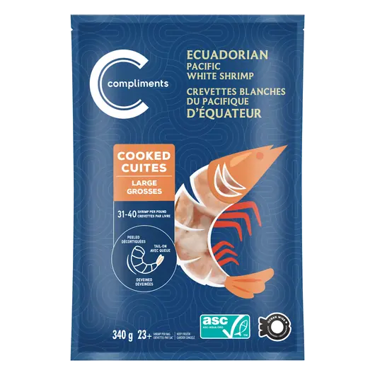Frozen Ecuadorian Shrimp Cooked Peeled Tail-On 31-40 Count 340 g