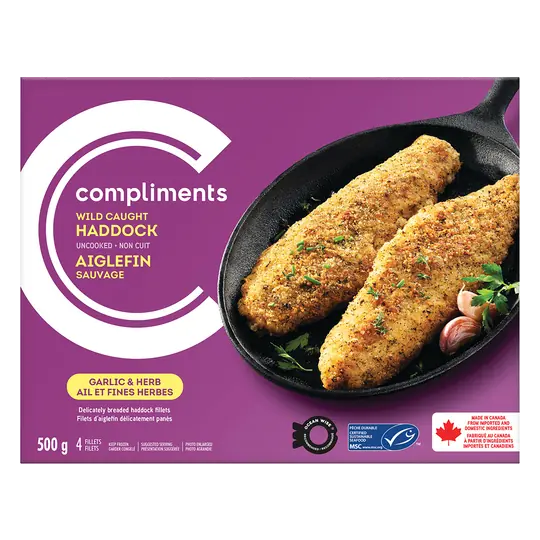 Frozen Wild Caught Breaded Haddock Fillets Garlic & Herb 500 g