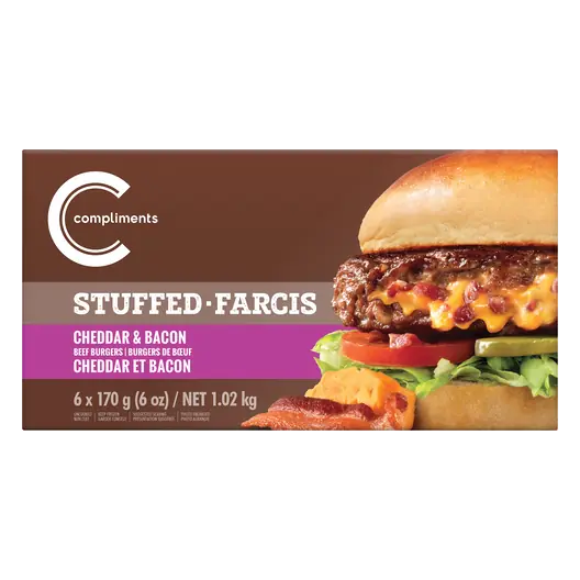 Frozen Beef Burgers Cheddar & Bacon Stuffed 6 Patties 1.02 kg