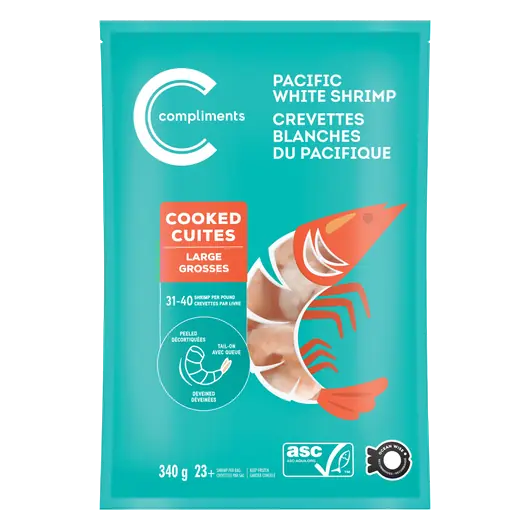 Frozen Cooked Peeled Tail On Pacific White Shrimp 31-40 Count 340 g