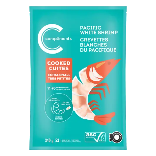 Frozen Pacific White Shrimp Cooked Peeled Deveined Tail-Off 71/90 Count 340 g