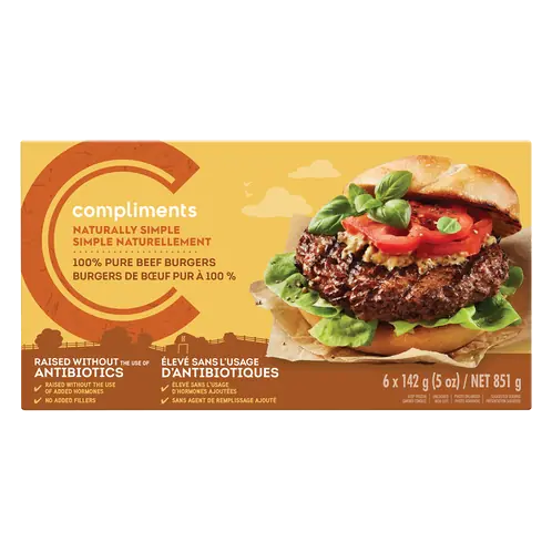 Naturally Simple Frozen 100% Pure Beef Burgers Raised Without Antibiotics 851 g