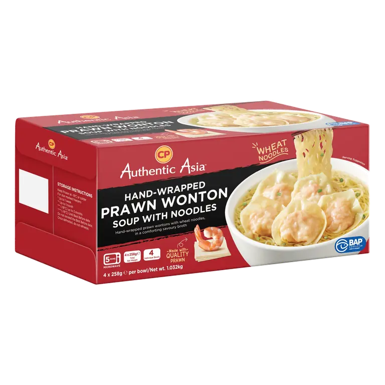 CP Authentic Asia Hand-Wrapped Prawn Wonton Soup with Noodles 4 x 258g (1.032kg)