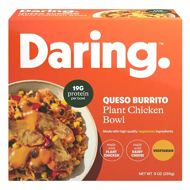 Plant Chicken Bowl, Queso Burrito