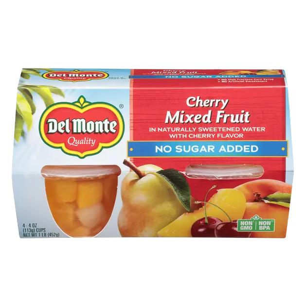 Del Monte Cherry Mixed Fruit, No Sugar Added, 4-4 oz Cups