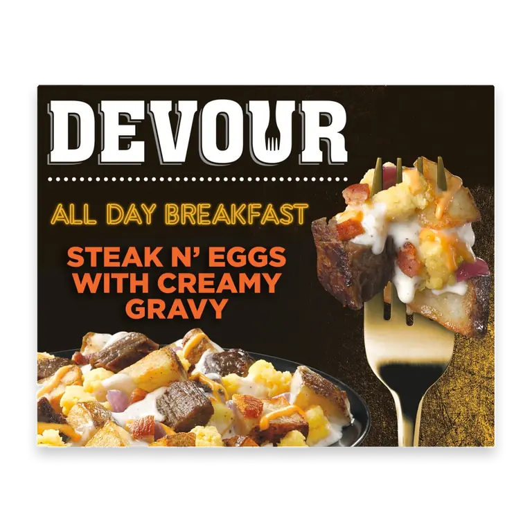 Steak N Eggs with Smoked Bacon, Potatoes, Cheddar Cheese & Creamy Gravy Frozen Meal, Box