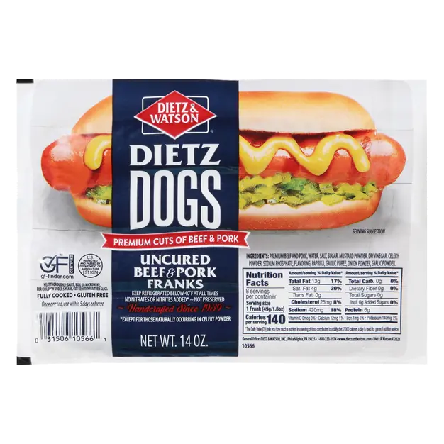 Dietz Dogs Uncured Beef & Pork Franks - 6 ct