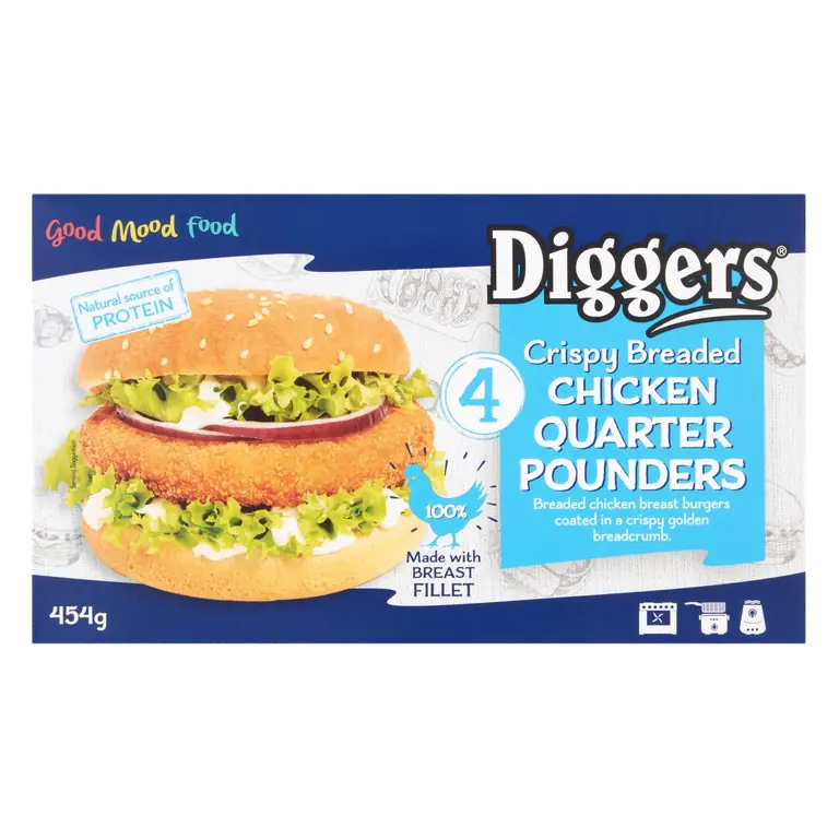 Diggers 4 Crispy Breaded Chicken Quarter Pounders 454g