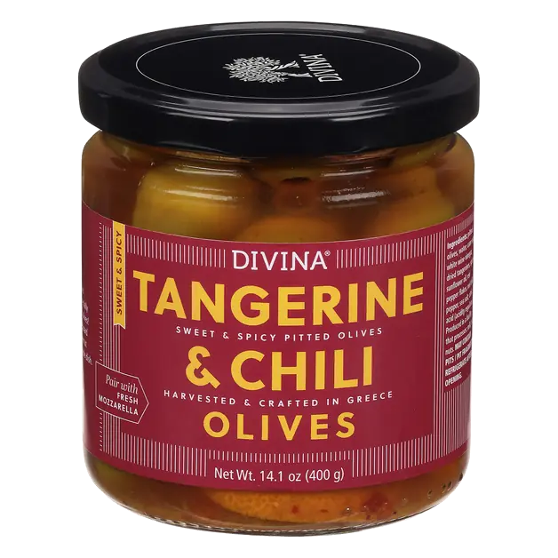 Imported Tangerine & Chili Pitted Olives