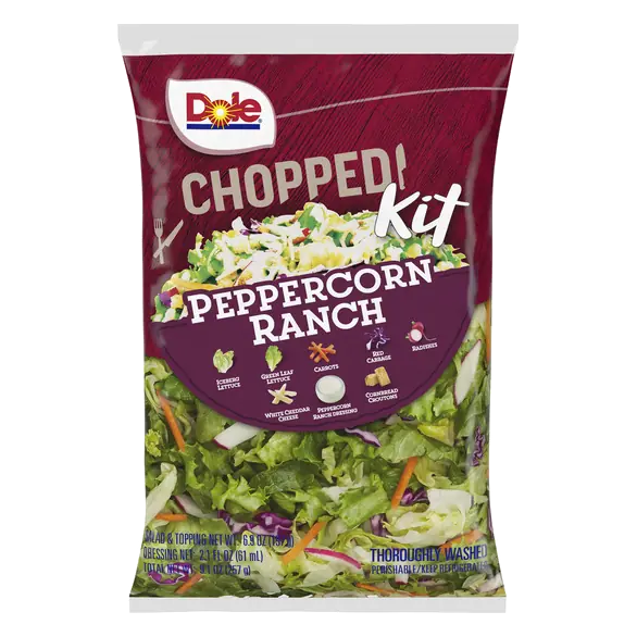 Peppercorn Ranch Iceberg Lettuce, Green Leaf Lettuce, Carrots, Red Cabbage, Radishes, White Cheddar Cheese, Black Pepper, Peppercorn Ranch Dressing, Cornbread Croutons Chopped Kit