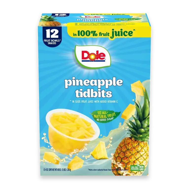 Pineapple Tidbits Fruit Bowls Snacks in 100% Fruit Juice 12 - 4 oz Cups
