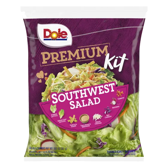 Southwest Salad Iceberg Lettuce, Green Leaf Lettuce, Tortilla Strips, Taco Ranch Dressing, White Cheddar, Red Cabbage, Radishes, Carrots Premium Kit