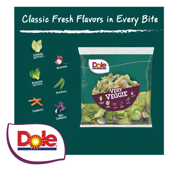 Very Veggie Green Leaf Lettuce, Iceberg Lettuce, Carrots, Red Cabbage, Pea Pods, Radishes