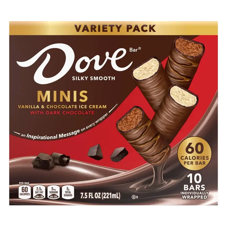 Dove Chocolate Minis Frozen Ice Cream Bars Variety Mix Vanilla and Chocolate Ice Cream with Dark Chocolate, 7.5 fl oz/10ct