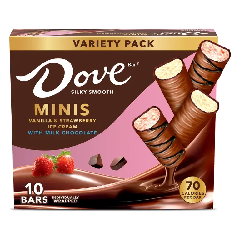 DOVE Minis Frozen Ice Cream Bars Variety Mix Vanilla and Strawberry Ice Cream With Milk Chocolate, 10ct/7.5 fl oz