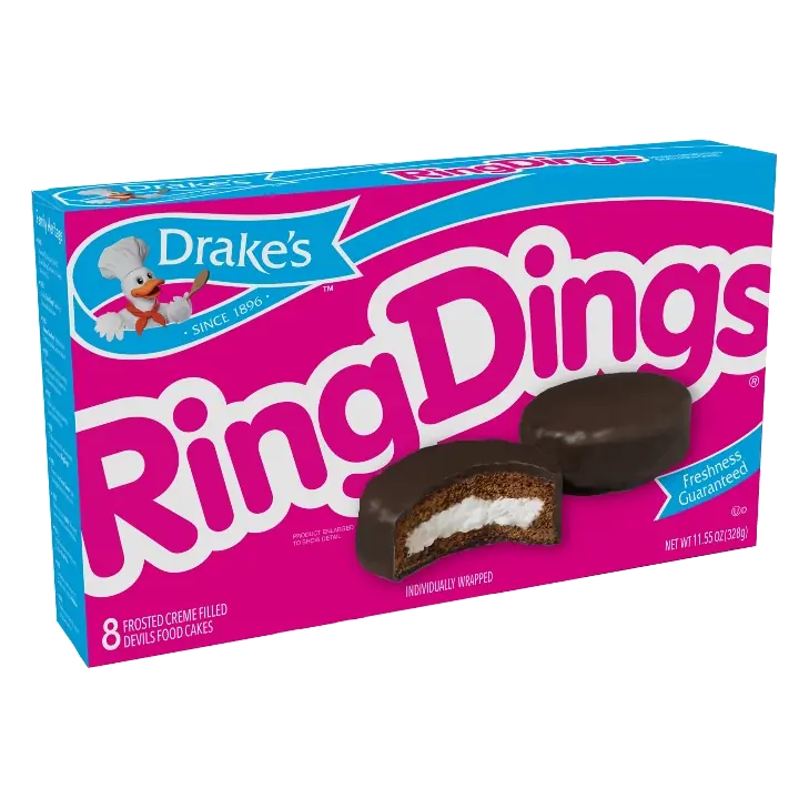 Drakes Ring Dings Chocolate Cake, 11.55oz/8ct: Mini, Vanilla Cream Filling
