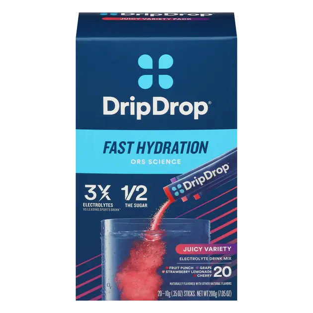 DripDrop Electrolyte Drink Mix, Fast Hydration, Juicy Variety, 20-0.35 oz Sticks