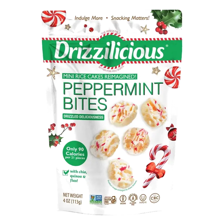 Drizzilicious Holiday Peppermint Bites Mini Rice Cakes, 4oz: Dairy-Free, Vegan, Keto Certified