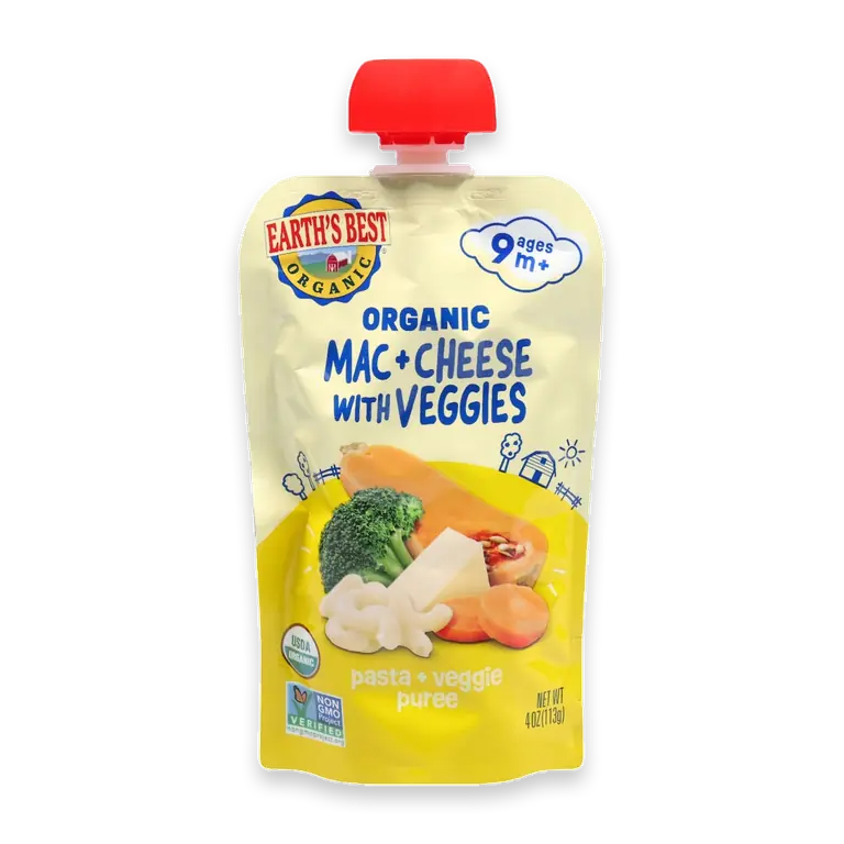 Organic Baby Food Pouches, 9+ Months, Pasta & Veggie Puree, Mac & Cheese with Veggies