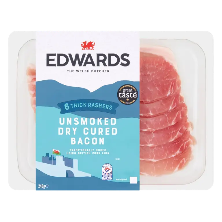 6 Thick Rashers Unsmoked Dry Cured Bacon 240g