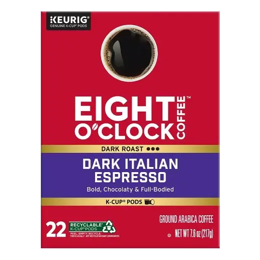 Eight O'Clock Italian Espresso Blend Dark Roast Coffee Pods, 22ct: Arabica Beans, Keurig Compatible