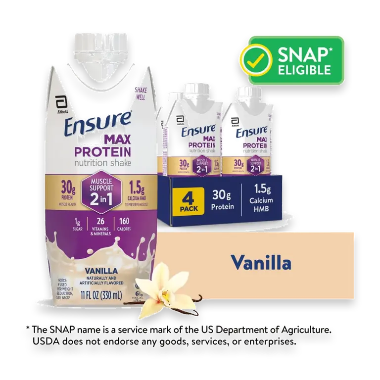 Max Protein Shake, 2-in-1 Muscle Support, 30g Protein, Vanilla, 11 fl oz, 4 Pack