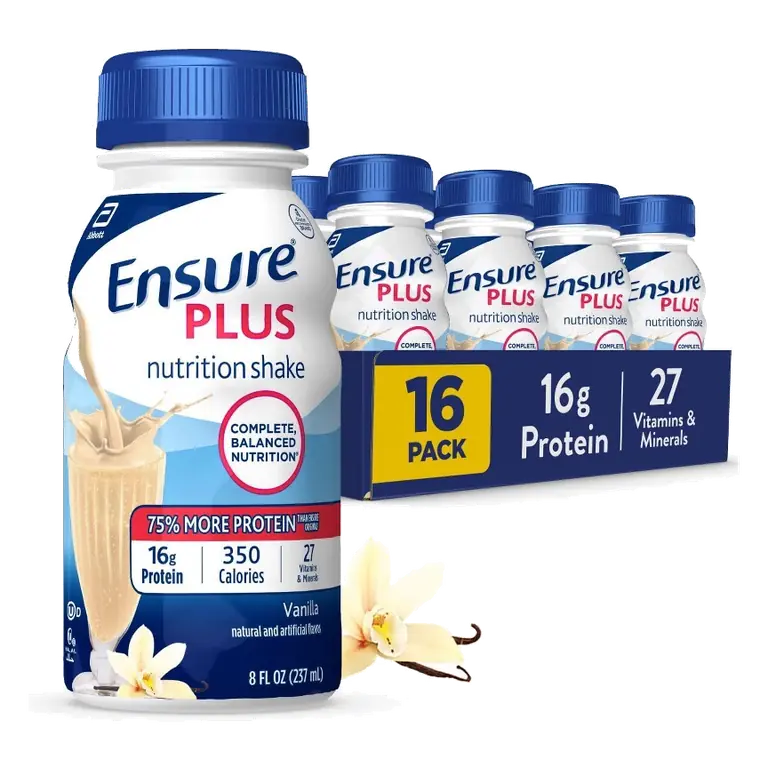Ensure Plus Nutrition Shake Vanilla Non-Caffeinated- 128 fl oz/16ct: Kosher, Halal, Gluten-Free, Lactose Sensitivity, 16g Milk Protein