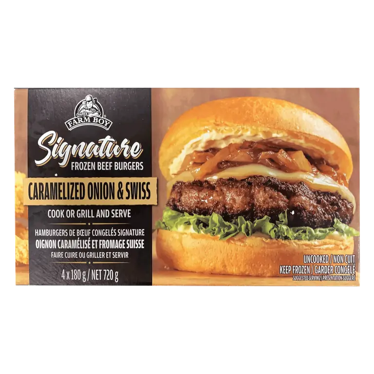Farm Boy™ Caramelized Onion & Swiss Frozen Beef Burgers (4 x 180 g)