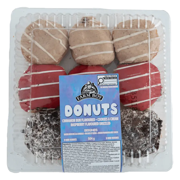Farm Boy™ Cinnamon Bun Flavoured, Cookies & Cream, and Raspberry Donuts (504 g)