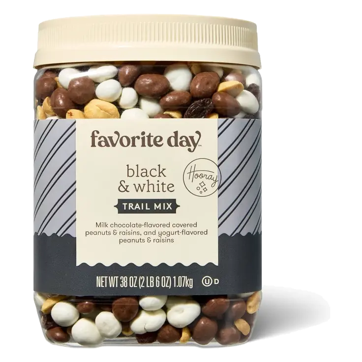 Black & White Milk Chocolate-Covered Peanuts & Raisins, and Yogurt-Flavored Peanuts & Raisins Trail Mix