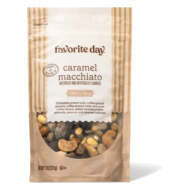 Caramel Macchiato Chocolate Pretzel Balls, Coffee-Glazed Pecans, Coffee-Dusted White Chocolate Coffee Beans, Salted Caramel Praline Almonds, Peanuts and Caramel Cashews Trail Mix