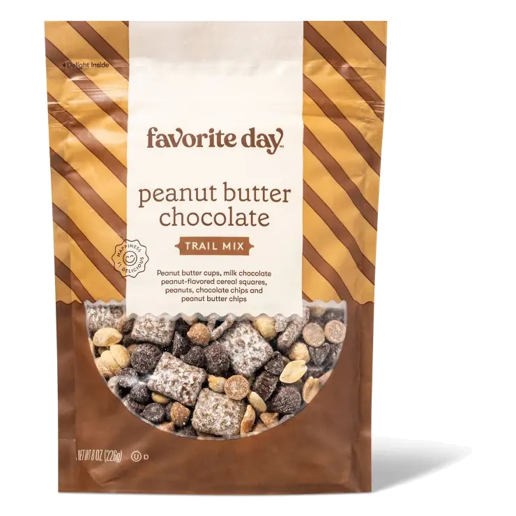 Peanut Butter Chocolate Peanut Butter Cups, Milk Chocolate-Covered Cereal Squares, Peanuts, Chocolate Chips and Peanut Butter Chips Trail Mix