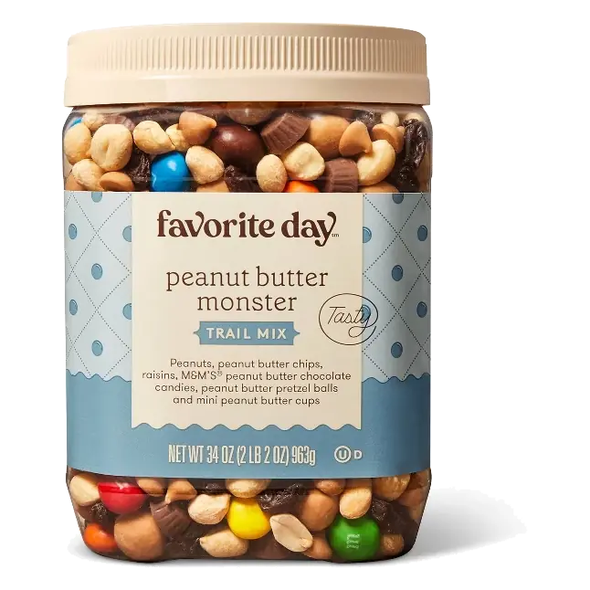 Peanut Butter Monster Peanuts, Peanut Butter Chips, Raisins, M&M's Peanut Butter Chocolate Candies, Peanut Butter Pretzel Balls and Mini Peanut Butter Cups Trail Mix