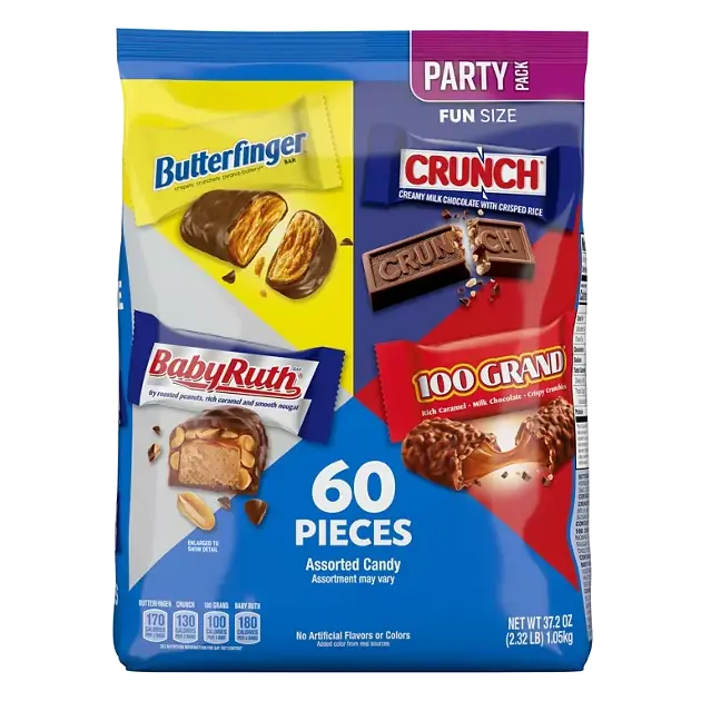 Assorted Butterfinger, Crunch, Baby Ruth, and 100 Grand Fun Size Chocolates, 60 count Party Pack