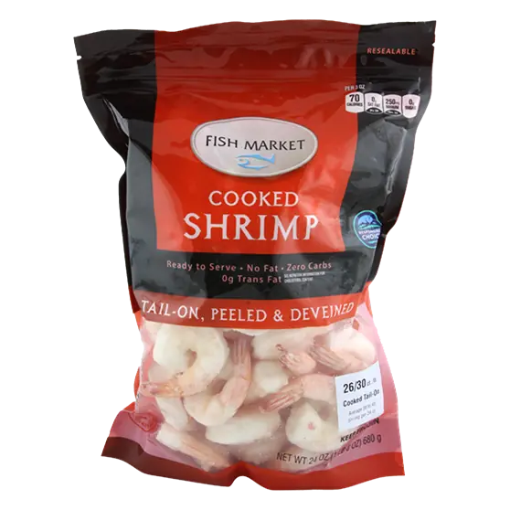 Fish Market Cooked Shrimp Tail On, Peeled & Deveined 26-30 Ct